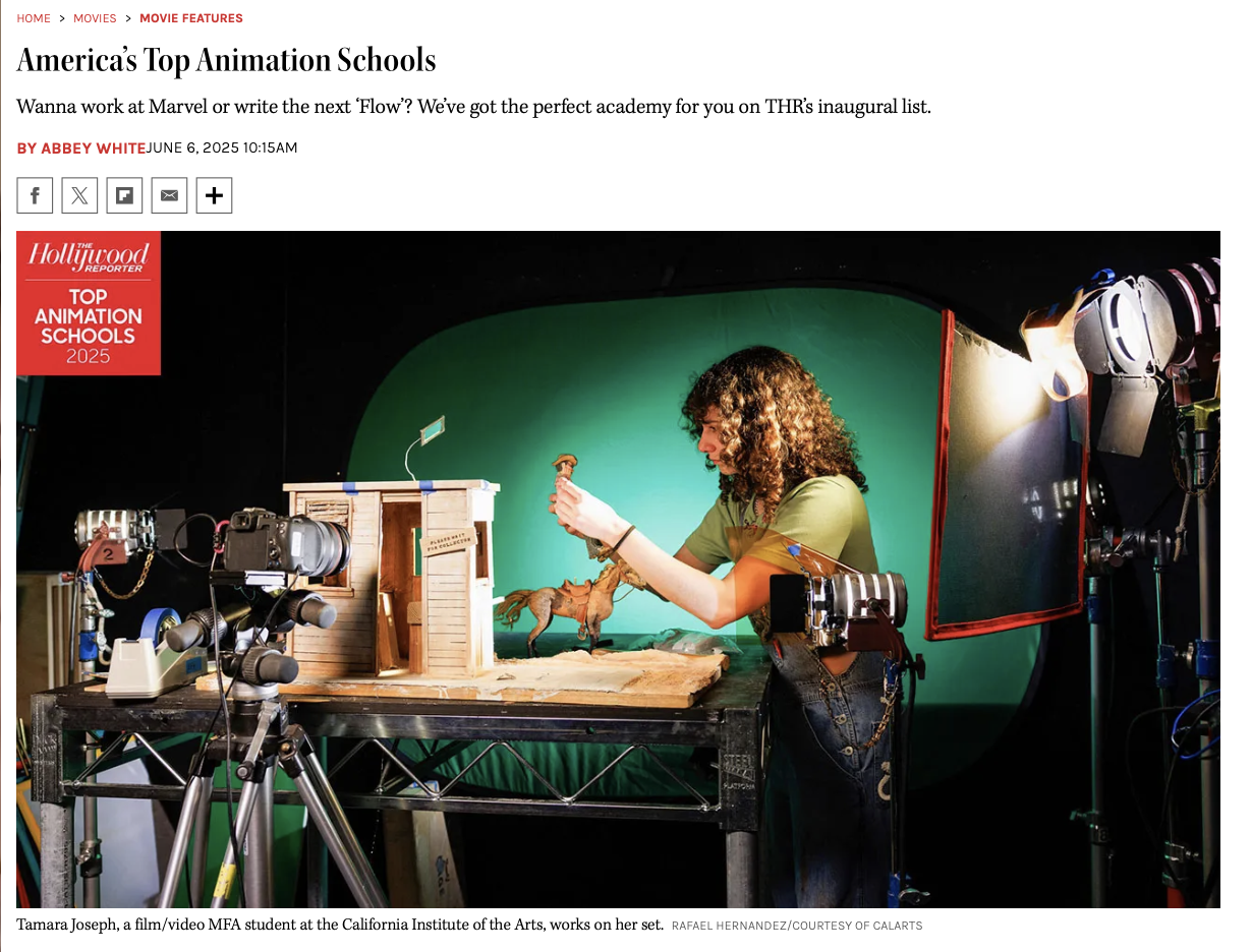 Screenshot of The Hollywood Reporter's Top Animation School story with an image of a woman at working on a miniature fillm set.